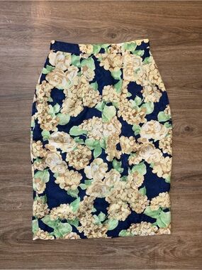 100% Silk Floral Navy & Yellow Pencil Skirt